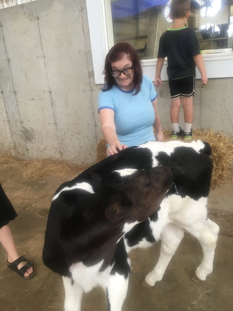 L'Arche members petting a calf