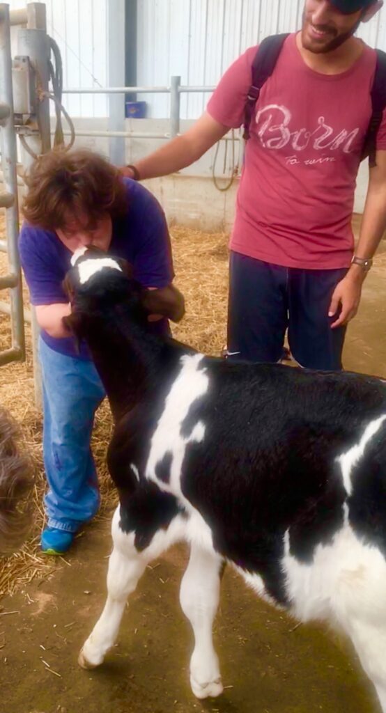 L'Arche members petting a cow
