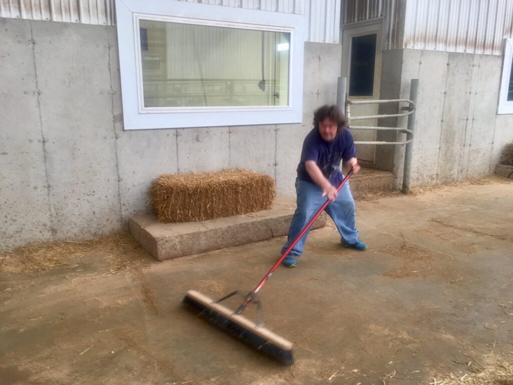 L'Arche members helping out the farm by sweeping